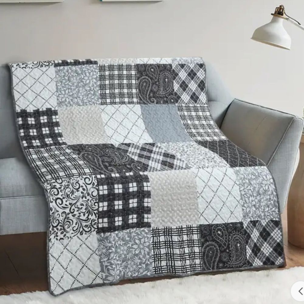Paisley Patchwork Black Grey Printed Quilted Reversible Throw Blanket Farmhouse